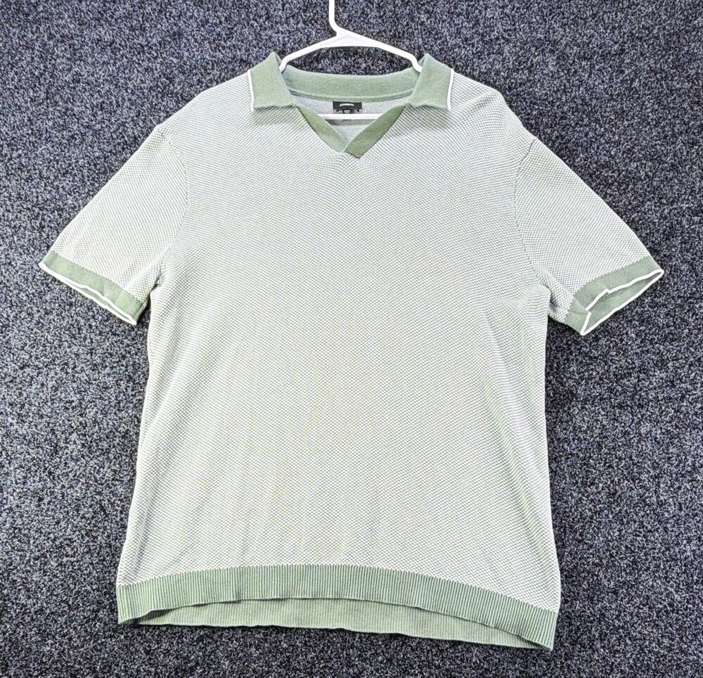 Express Men's Knit Polo Shirt L Green/White Short Sleeve Collared Cotton/Rayon